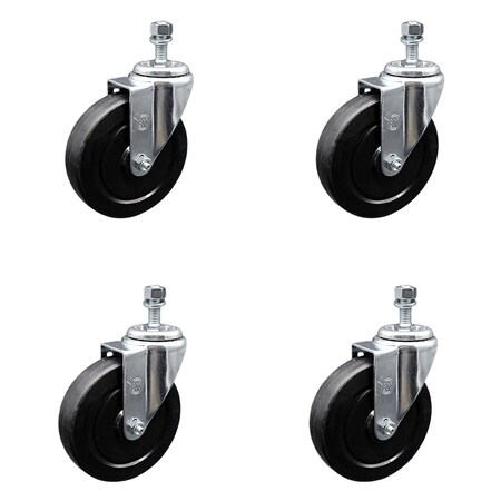 Service Caster 5 Inch SS Soft Rubber Wheel Swivel 12mm Threaded Stem Caster Set SCC SCC-SSTS20S514-SRS-M1215-4